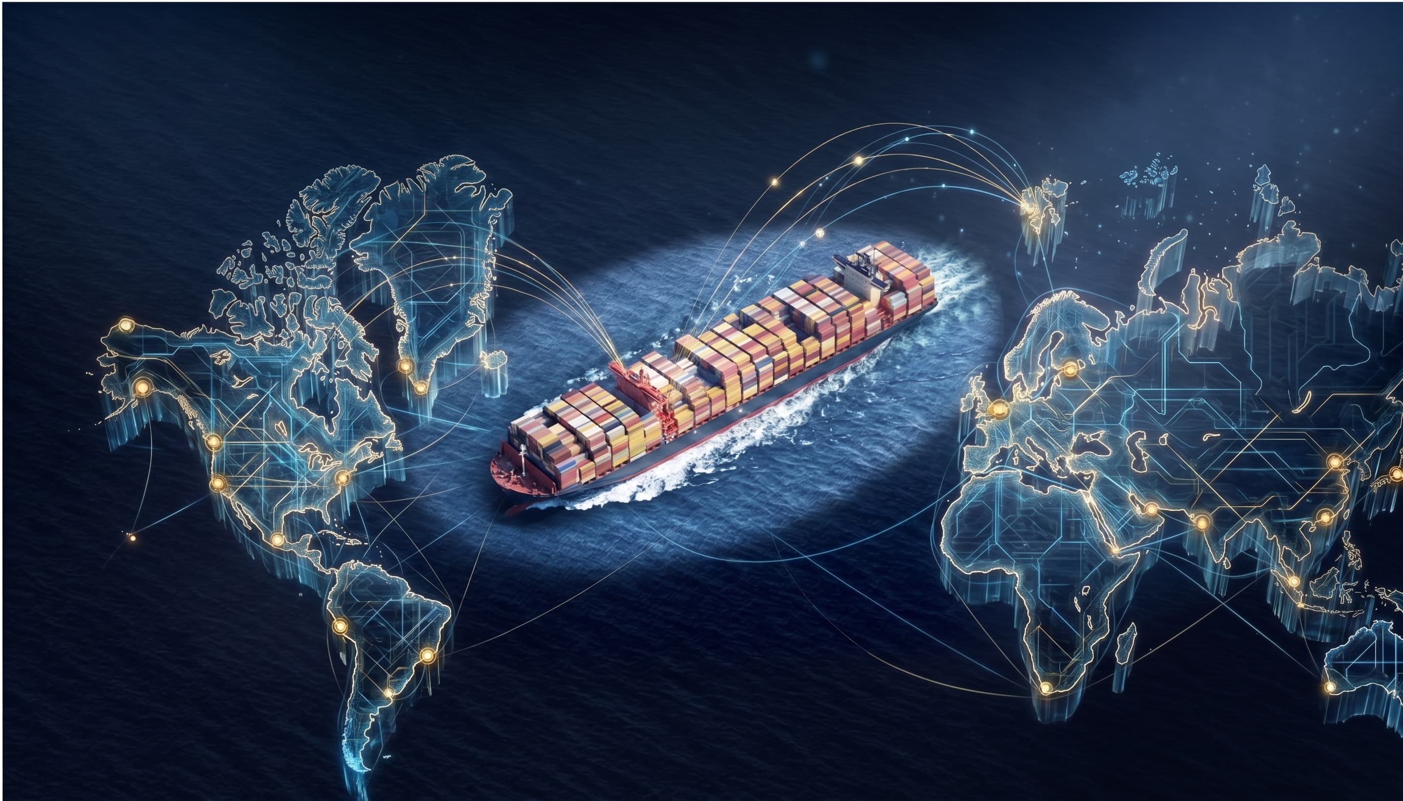 ugh cargo ship at the center of a global logistics network connecting continents